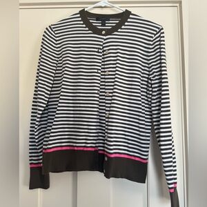 J. Crew Chocolate and White Striped Cardigan with Pink Accent